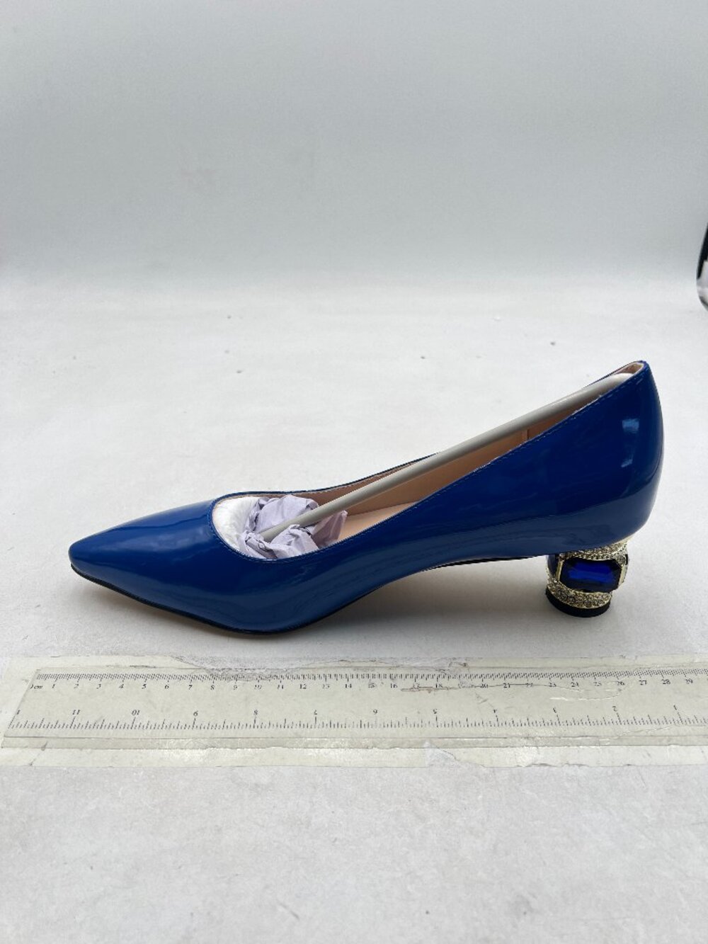 FSJ Blue Bridal Pointed Toe Chunky Low Heel Crystal Pumps Slip on Wedding Shoes